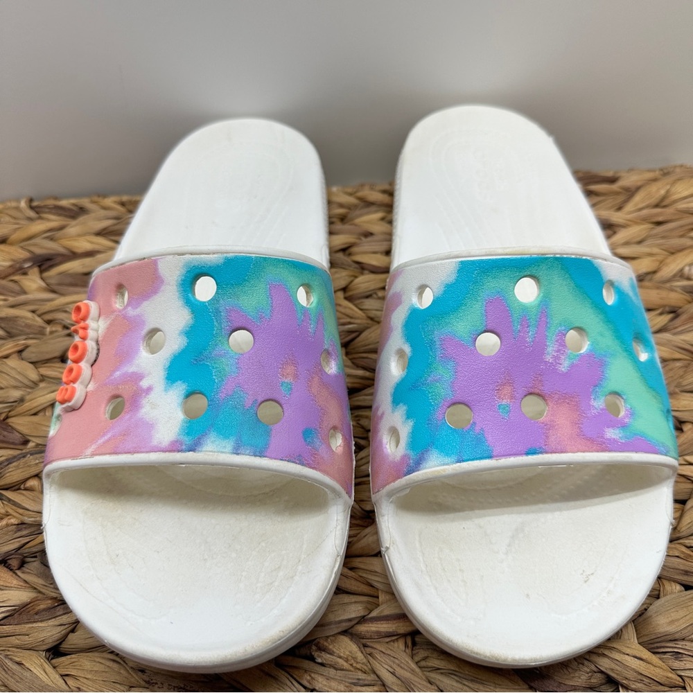 CROCS Tie Dye Slides Unisex W-10, M-8, Pink, Purple, Blue, Teal, and White Soles